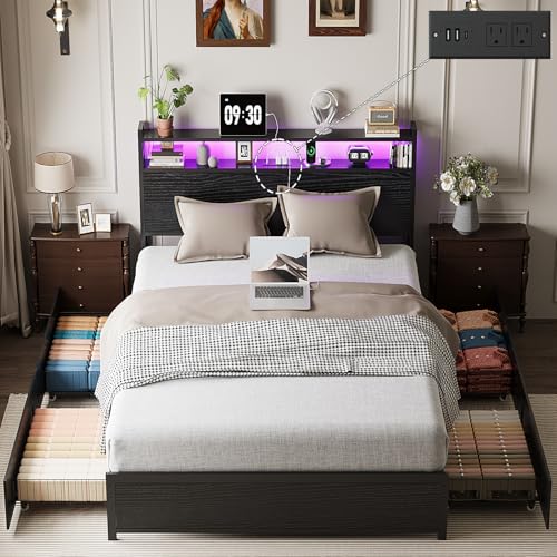 VINGLI Full Bed Frame with 4 Storage Drawers and Adjustable Headboard Shelf, Metal Double Platform Captain Bed with Charging Station and RGB LED Lights, No Box Spring Needed, Noise Free, Black