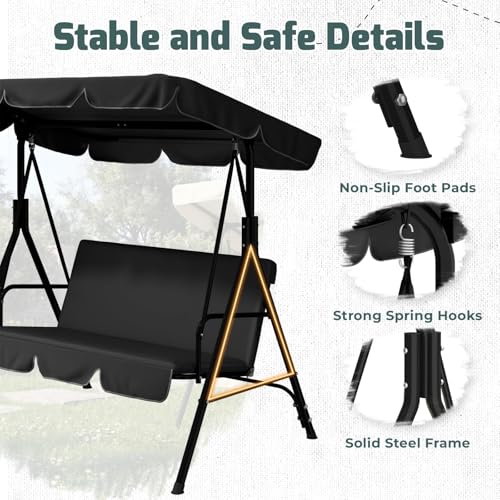 Image of AECOJOY Porch Swing with Stand, Outdoor Swings for Adults, 3-Seat Outdoor Swing with Canopy, Outside Swing Bench with Removable Cushion, Suitable for Backyard, Garden, Yard, Poolside, Balcony (Black)