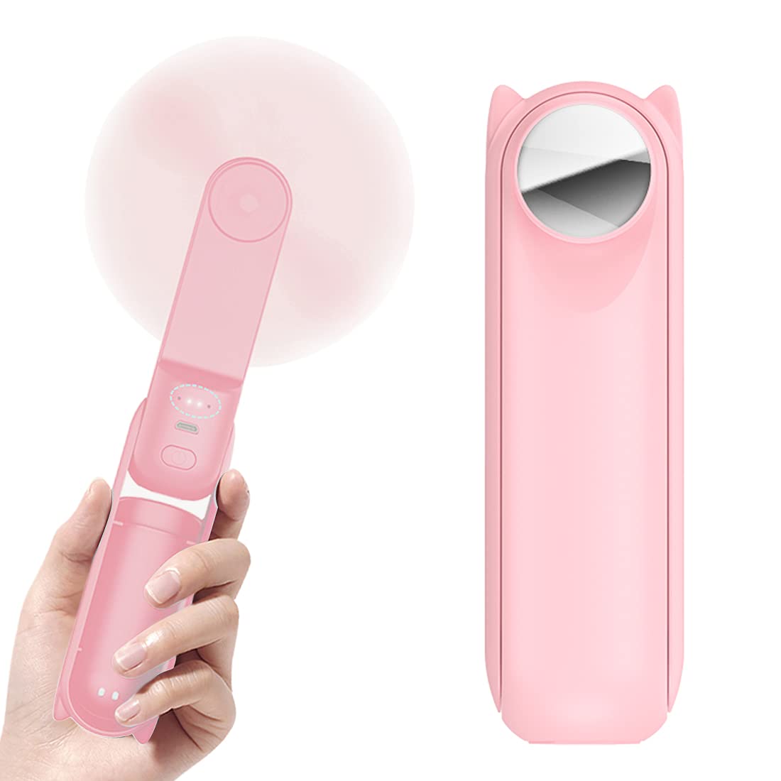 ZertyIre Mini Handheld Fan, 2500 mAh USB plug Small Personal Portable Fan , 3 Speed Adjustable Hand Fan with Mirror Makeup Fan for Women Girls Travel Office (pink)
