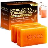 QOOQ Turmeric Kojic Acid Soap for Dark Spots Remover – Facial Cleansing Bar with Vitamin C, Retinol, Collagen, Vitamin E, Glycerin, Shea Butter & Castile Olive Oil – Soap for Women & Men (120g x 2)