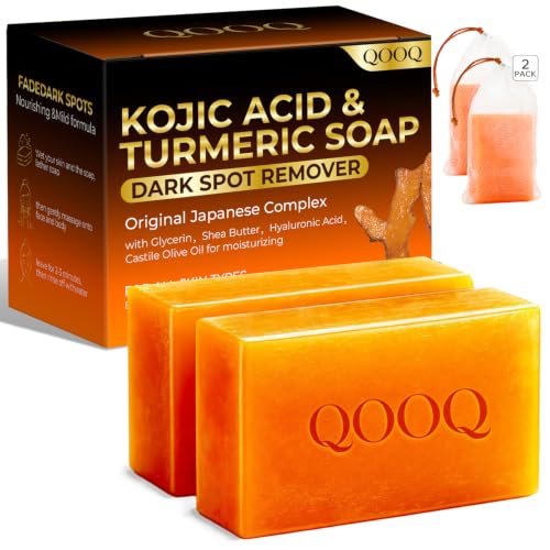 QOOQ Turmeric Kojic Acid Soap for Dark Spots Remover – Facial Cleansing Bar with Vitamin C,...
