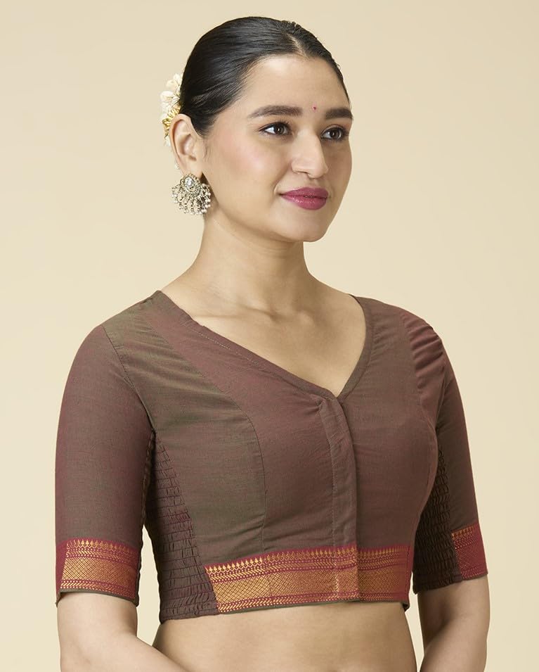 Image of Studio Shringaar Women's Handloom Cotton Stretchable (Smocked) Saree Blouse with Temple Zari Border