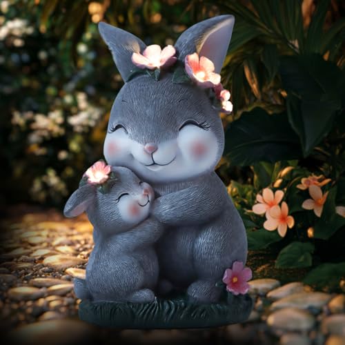 XENTUMI Garden Décor Birthday Gifts for Mom Solar Statues for Outdoor Bunny Rabbit Lights Gifts for Women Outside Sculptures Front Porch Balcony Lawn Yard Ornaments Christmas Mothers Day