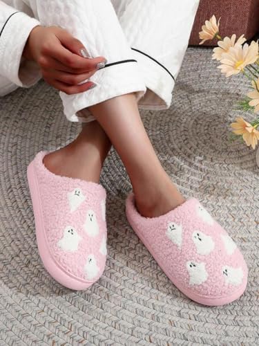 Halloween Pumpkin Slippers for Women Men,Plush Fuzzy Spooky Slides,Winter holiday slippers,Retro Cozy House Shoes Indoor Outdoor3
