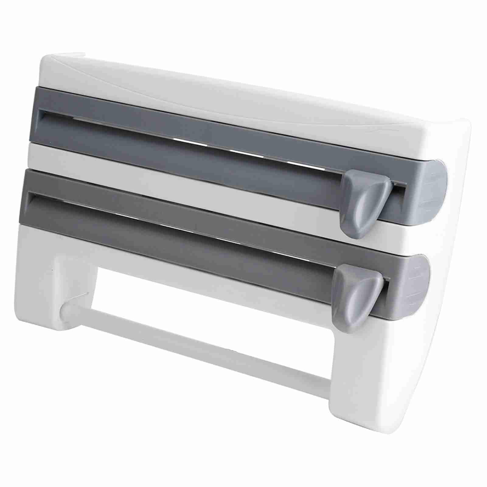 Desbobinador de Film Transparente para Alimentos, Soporte de Pared para Toallas de Papel y Film, Estante de Cocina Multifuncional para Almacenamiento, Diseño Moderno en Gris y Blanco