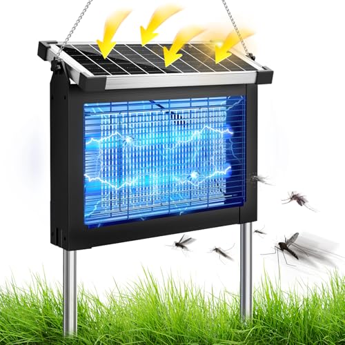 Lámpara Antimosquitos Solar Eléctrica, 4500V, IPX5 Resistente al Agua, Trampa Inalámbrica con Sensor Solar y Cable de 3 m, Ideal para Casa, Terraza y Jardín