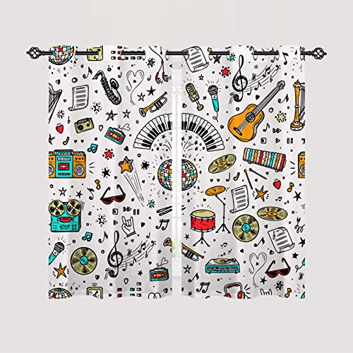 Anhope Music Curtains Grommet Light Filtering Window Drapes With Retro Hand Drawn Doodle Musical Equipment Print Pattern Decorative Privacy Curtains For Bedroom Living Room 2 Panels 42 X 63 Inch #TOP1