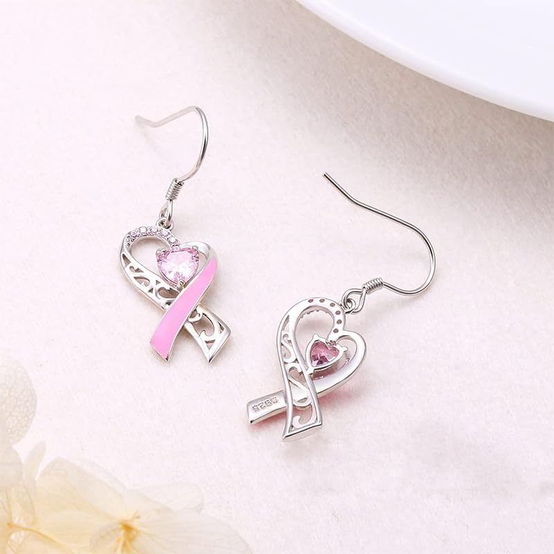 Breast Cancer Awareness Earrings For Women, Pink Ribbon Heart Dangle Drop Earrings Breast Cancer Survivor Gift Support Christmas Thanksgiving Holiday Jewelry - Image 6