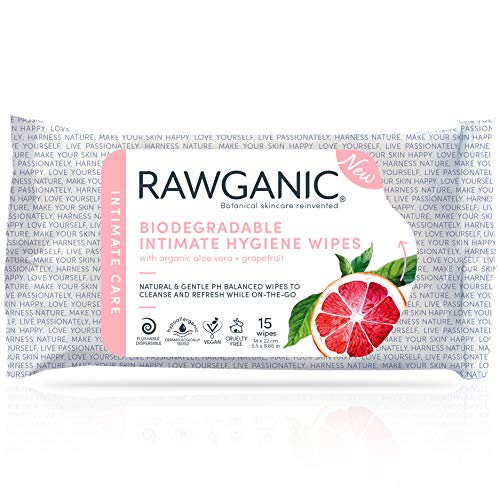 RAWGANIC Gentle Organic Intimate Hygiene Feminine Wipes | Hypoallergenic, Alcohol Free, Flushable and Biodegradable Fragrance-Free Intimate Pre-waxing Wipes | Pack of 15 Wipes