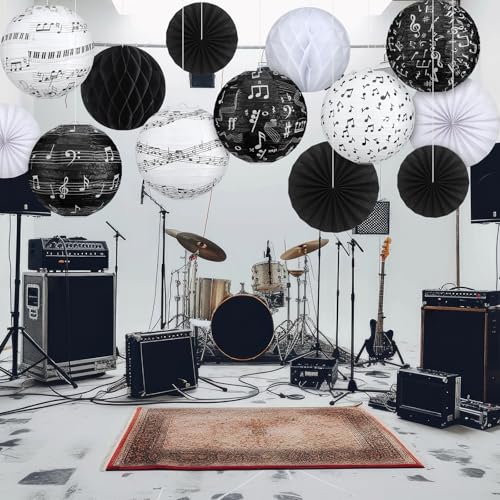 Image of Baquler 18 Pcs Music Party Decoration Hanging Paper Lantern Music Notes Fans Black and White Honeycomb Ball for Rock Roll Concert 50's Theme Party Ceiling Decor Supplies