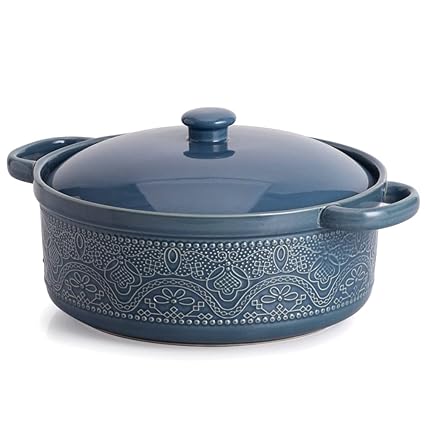 Casserole Dish with Lid, 1.8 Quart Ceramic Casserole Pan with Lace Emboss for Bakeware Oven (Blue)