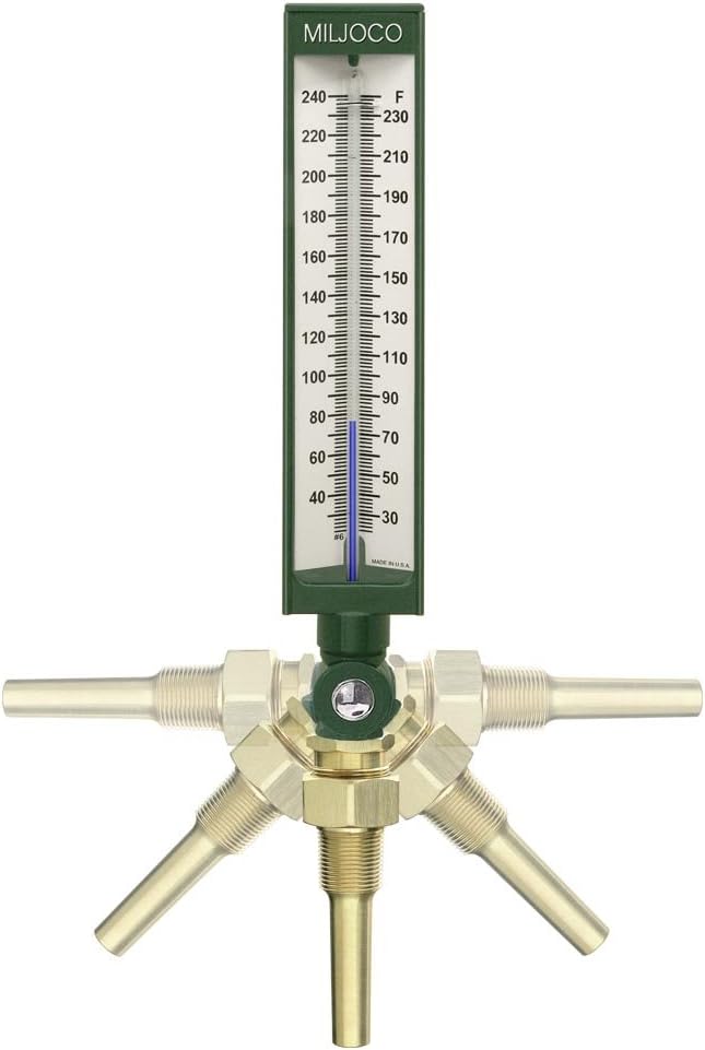 SX93550 Industrial Thermometer, Adjustable Angle Fitting, 3-1/2" Aluminum Stem, 30-240 F Range, +/-1 F Accuracy, 1-1/4"-18 UNF NULL Connection