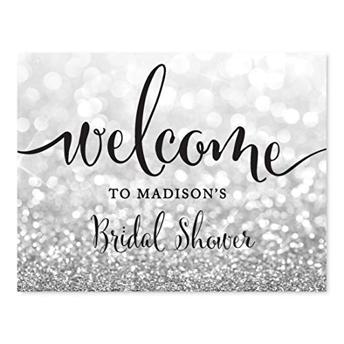 Andaz Press Personalized Wedding Party Signs, Glitzy Silver Glitter, 8.5x11-inch, Welcome to Madison's Bridal Shower Sign, 1-Pack, Custom Made Any Name