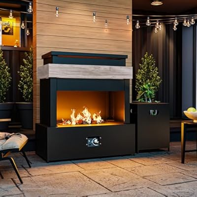 Gardenbee 35'' Outdoor Propane Fireplace with Tank Storage, 50,000 BTU Outdoor Gas Fire Pit with CSA Certified, Dust Cover, Smokeless Ceramic Wood, Adjustable Flame for Patio, Garden, Deck, Gray/Tan