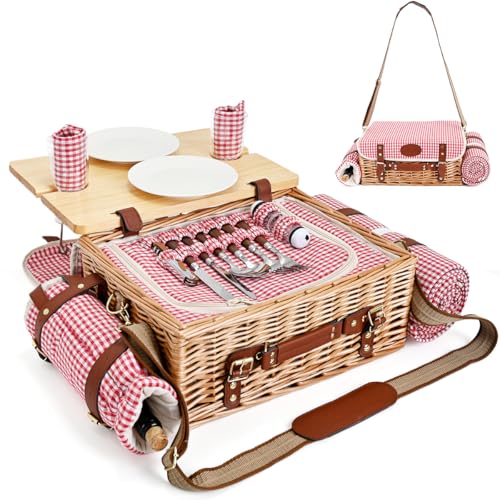 Multifunctional Wicker Picnic Basket Set for 2 with Blanket and Picnic Table, Insulated Picnic Set with Full Tablewares for Camping Outdoor Couples, Gingham
