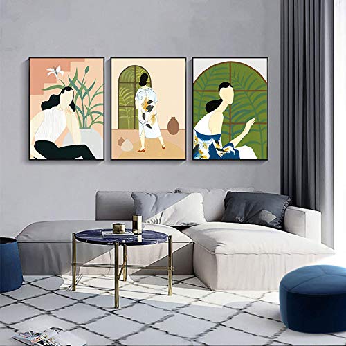 Art Toile Peinture Nordique Illustration Premium Femme et Plantes