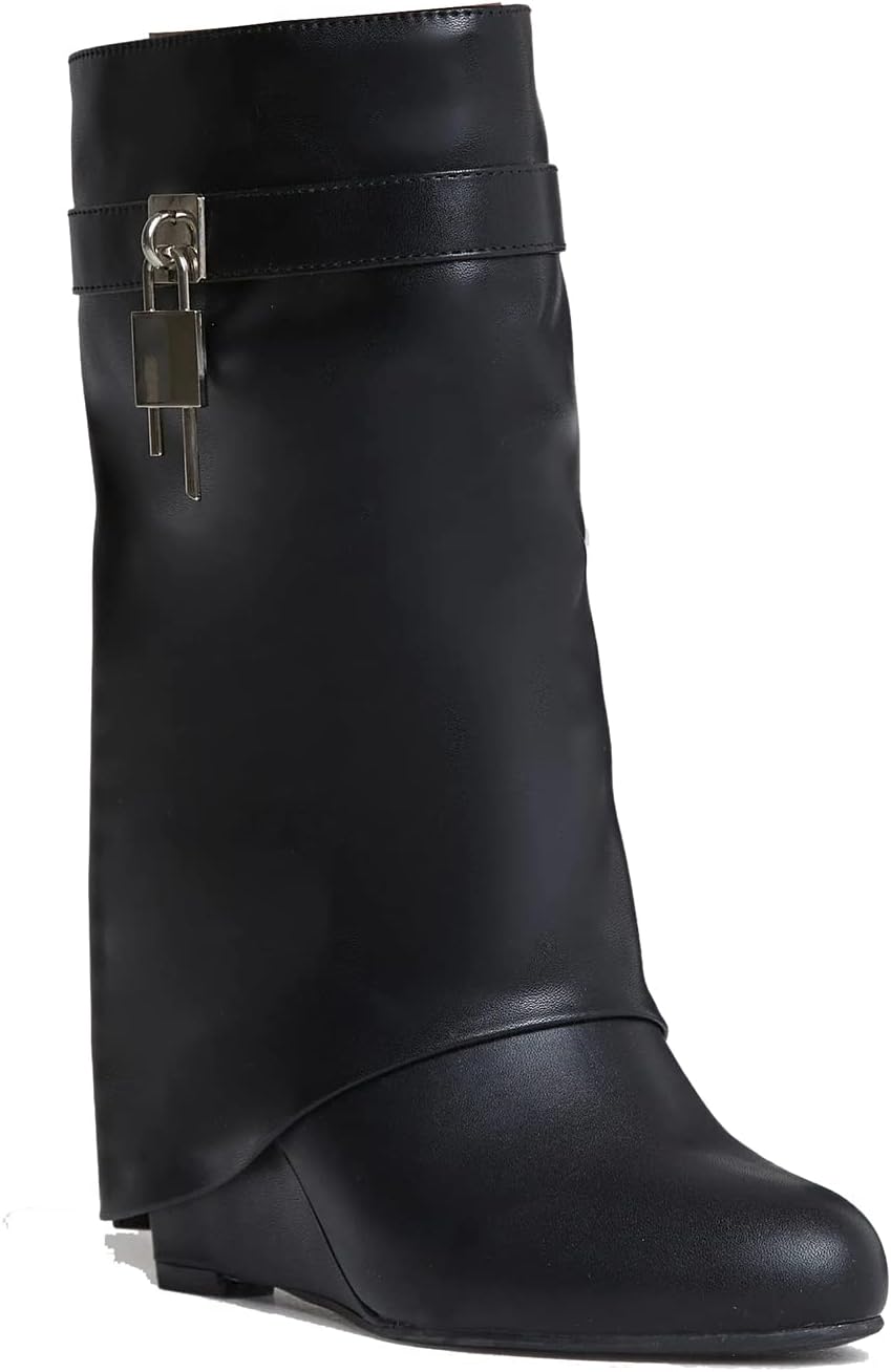 Yishaweiqi Padlock Ankle Boots Fold Over Wedge Heel Booties Wide-calf Short Boot - Image 6