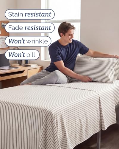 Image of Twin XL 4 Piece Sheet Set - College Dorm Room Essentials - Beige Stripes | Ultra Soft Dorm Bedding Set, 8 inch to 16 inch Inch Deep Pockets, 1 Flat & 1 Fitted Sheet & 2 Pillowcases, Wrinkle & Fade Free