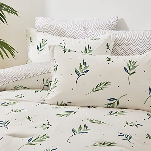Image of EMME Twin Comforter Set - Sage Green Floral Bedding Sets 5 PCS with Nature Leaves Pattern, Soft Leaf Printed Botanical Bed Set with Sheets, Fluffy Bed Bag for All Season(68 inchX90 inch)