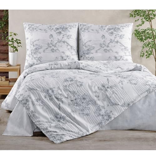 ZIRVEHOME MelodyV1 Parure de lit 3 pièces 200 x 220 cm avec housse de couette 200 x 220 cm avec fleurs fines, oiseau et lignes en gris et noir