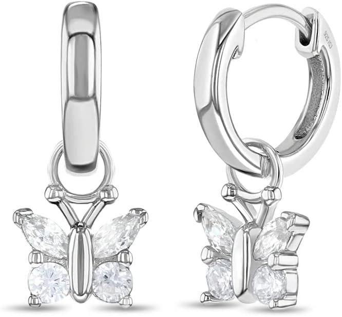 925 Sterling Silver Cubic Zirconia Butterfly Dangle Hoop Earrings for Young Girls and Pre-Teens - Pretty Butterfly Earrings For Girls