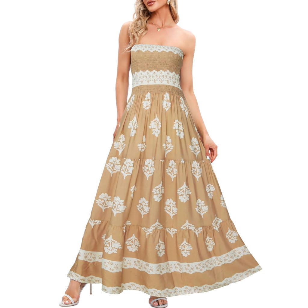 Women's Casual Off Shoulder Maxi Dress Strapless Tube Top Bohemian Beach Long Dresses 092