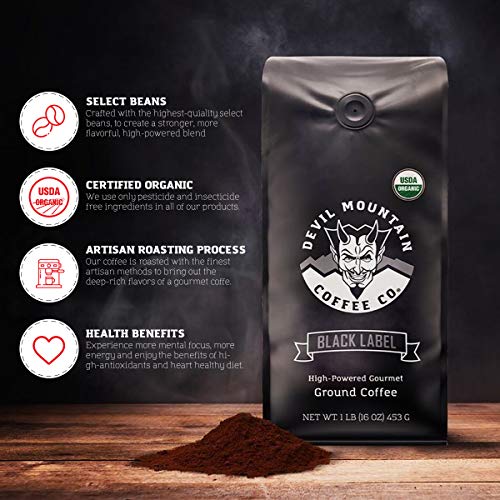Devil Mountain Coffee Black Label Dark Roast Ground Coffee, Strong High Caffeine Coffee Grounds, USDA Organic, Fair Trade, Gourmet Artisan Roasted, Strongest Coffee in the World, 16 oz Bag - Thumbnail 5