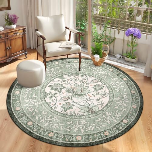 GarveeHome Sage Green Botanical Grove 6ft Round Rug, Small Circle Vintage Cottagecore Soft Low-Pile Non-Slip Washable Rugs for Living Room Bedroom Nursery Kitchen Retro Carpet
