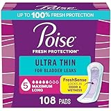 Poise Ultra Thin Incontinence Pads & Postpartum Pads for Bladder Leaks, 5 Drop Maximum Absorbency, Long Length, 108 Count, Packaging May Vary