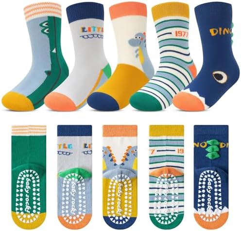 Kyopp 5 Paar Stoppersocken Kinder Baumwolle Socken Jungen Mädchen ABS Socks | Rutschsocken für Kleinkinder,Tiermotive Stoppersocken,Baumwolle Crew Socks ABS Kindersocken