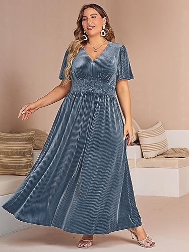 Image of Simplee Women's V Neck Velvet Maxi Dress Short Sleeve Empire Waist Long Formal Dress for Wedding Guest