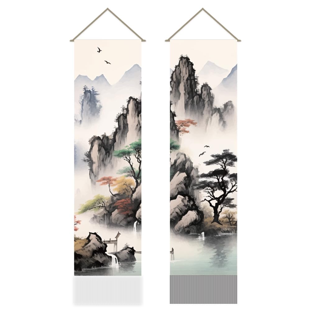 AHANDMAKER 2 arazzi asiatici con pittura paesaggistica, inchiostro orientale, albero di montagna, arte giapponese, nappe, arazzo da appendere per camera da letto e soggiorno, decorazione per interni