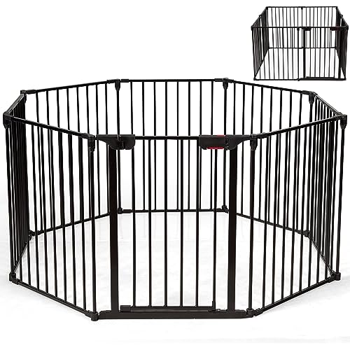 GYMAX Baby Playpen with Lockable Gate, Easy Add/Decrease Panels, Foldable 6/8-Panel Safety Fireplace Barrier (8 Panel, Black)