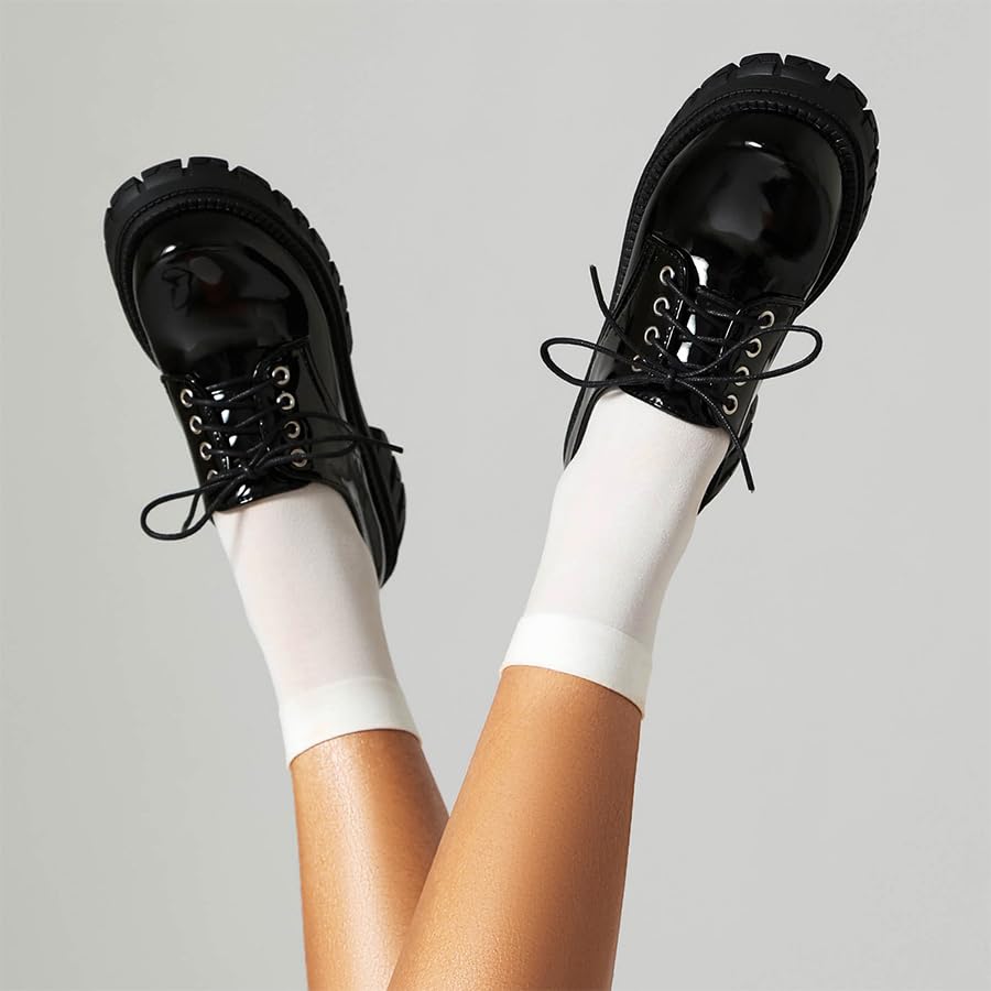 Image of Women's Patent Leather Platform Chunky Loafers Perforated Lace-up Round Toe Wingtip Oxford Shoes Non-Slip Lug Sole Brogue Dress Shoe