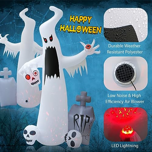 12 FT Halloween Inflatables Outdoor Halloween Blow Up Yard Decorations Horror White Ghost with 3 Skull Heads Bleeding Eyeball Tombstone Halloween Decorations Clearance for Party Yard Garden3