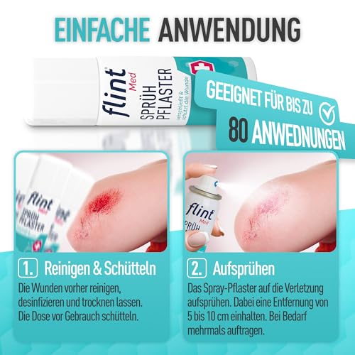 flint Med Sprühpflaster – Verschließt und schützt die Wunde, wasserfest, atmungsaktiv, elastisch und transparent, Pflasterspray klinisch bewährt, bis zu 80 Anwendungen, 50 ml