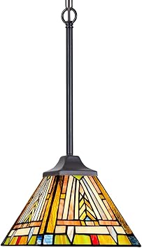 Tiffany Pendant Light Fixtures Small Stained Glass Hanging Lamp with Chain | Mission Style, Vintage Farmhouse, Mini Ceiling Hanging Light, For Kitchen Island Counter Dining Room, Adjustable Height
