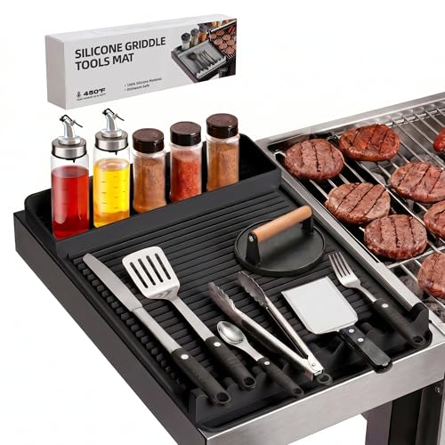 WZGUSXN Silicone Grill Mat for Blackstone Griddles & Outdoor Grills - Heat Resistant (450F) Countertop Protector Non-Slip Tool Organizer & Grease Catcher 16x11.5 Inch(Black)