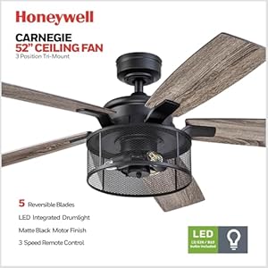 Honeywell Ceiling Fans Carnegie Industrial 52 Inch Ceiling Fan with Light Remote Control Fan LED Indoor Fan with 5 Blades Gray Pine and Brown Chestnut Blade Finish Options Matte Black 50614 01