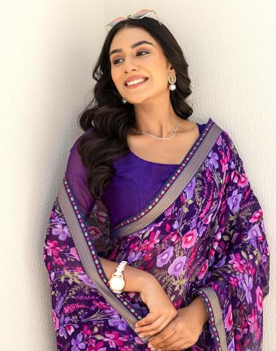 Image of SIRIL Women's Chiffon Printed Saree With Unstitched Blouse Piece