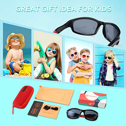 Sungait Polarized Kids Sunglasses For Boys Girls With Strap,Sport Sunglasses For Children Age 3-10 Uv400 Protection (Black Frame Red Temple) Sgtc036-Hkho #TOP6