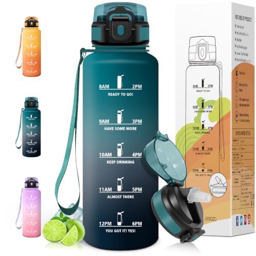 Motswedi Trinkflasche 1.5l, mit Strohhalm, Trinkflasche Kohlensäure Geeignet, Auslaufsicheres, Wasserflasche, Flasche Mit Zeitstempel, Wasserflasche für Fahrrad, Dunkelblau, Dunkelgrün & Grau