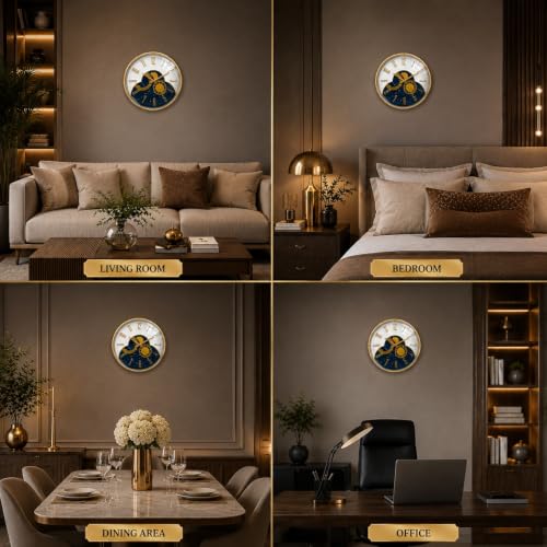 Image of ARMONIA Premium Designer Wall Clock for Living Room 15 Inch | Silent Quartz Acrylic Wall Clock | Luxury Gold & Blue Decorative Round Wall Clock for Modern Home & Office Decor, Bedroom & Decor