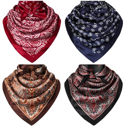 Chicingyou 4 Pcs 35 Inch Cowboy Rag for Men Large Scarves Neckerchief Silk Feel Western Bandana Paisley Scarf for Adults Men (Versatile)