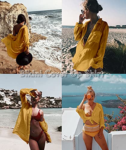 Image of Zoye Chen Women's Bikini Swimsuit Cover Up Button Down V Neck Shirts Long Sleeve Blouse Beachwear Bathing Suit
