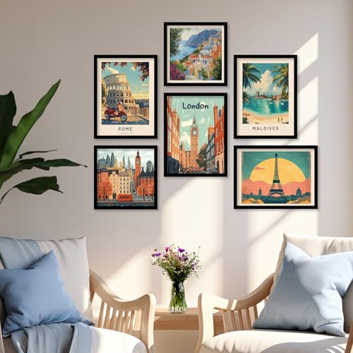 Image of kotart Retro Travel Theme Wall Poster with Frame for Room Office Living Room Hotel Home Decor - Modern Art City Vibes Wall Decor Photo Frames - Framed Posters / Paintings Set of 8 (Art 1, Big(13x17 or 13x13 inch), Framed)