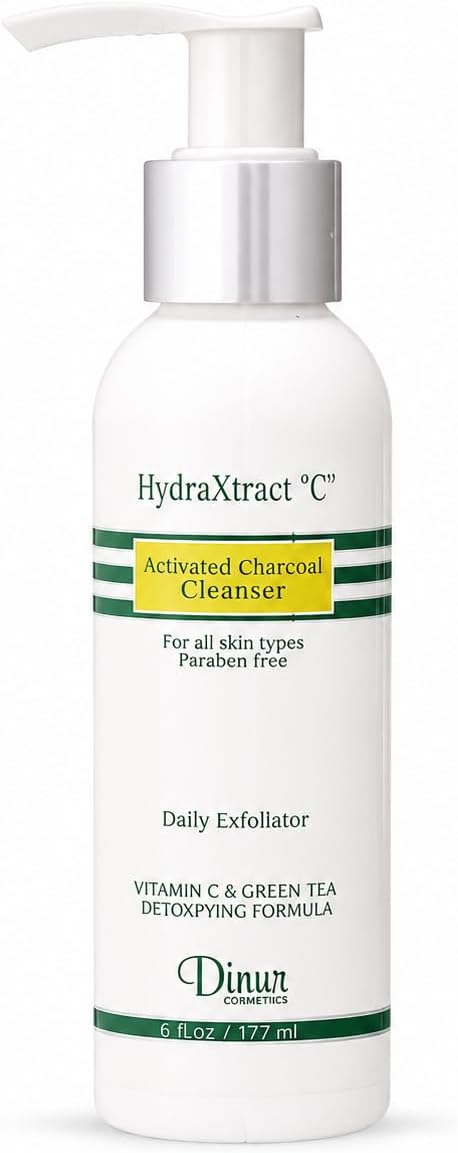 Dinur Cosmetics HydraXtract C Activated Charcoal Cleanser Daily Exfoliator for Deep Cleansing Removes Dirt & Makeup Rich in Vitamin C for All Skin Types 6 fl. oz. 177 ml.