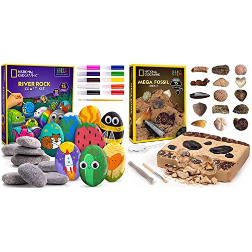 NATIONAL GEOGRAPHIC Rock Painting Kit-Arts & Crafts Kit for Kids, Paint & Decorate 15 River Rocks with 10 Paint Colors & More Art Supplies, Kids Craft, Outdoor Toys & Mega Fossil Dig Kit