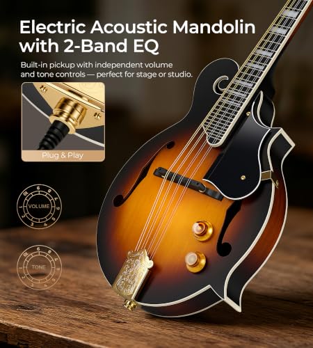 Image of Vangoa Mandolin Instrument F Style Acoustic Electric Mandolin Musical Instrument Spruce Top 8 String for Beginners, Adults, Sunburst
