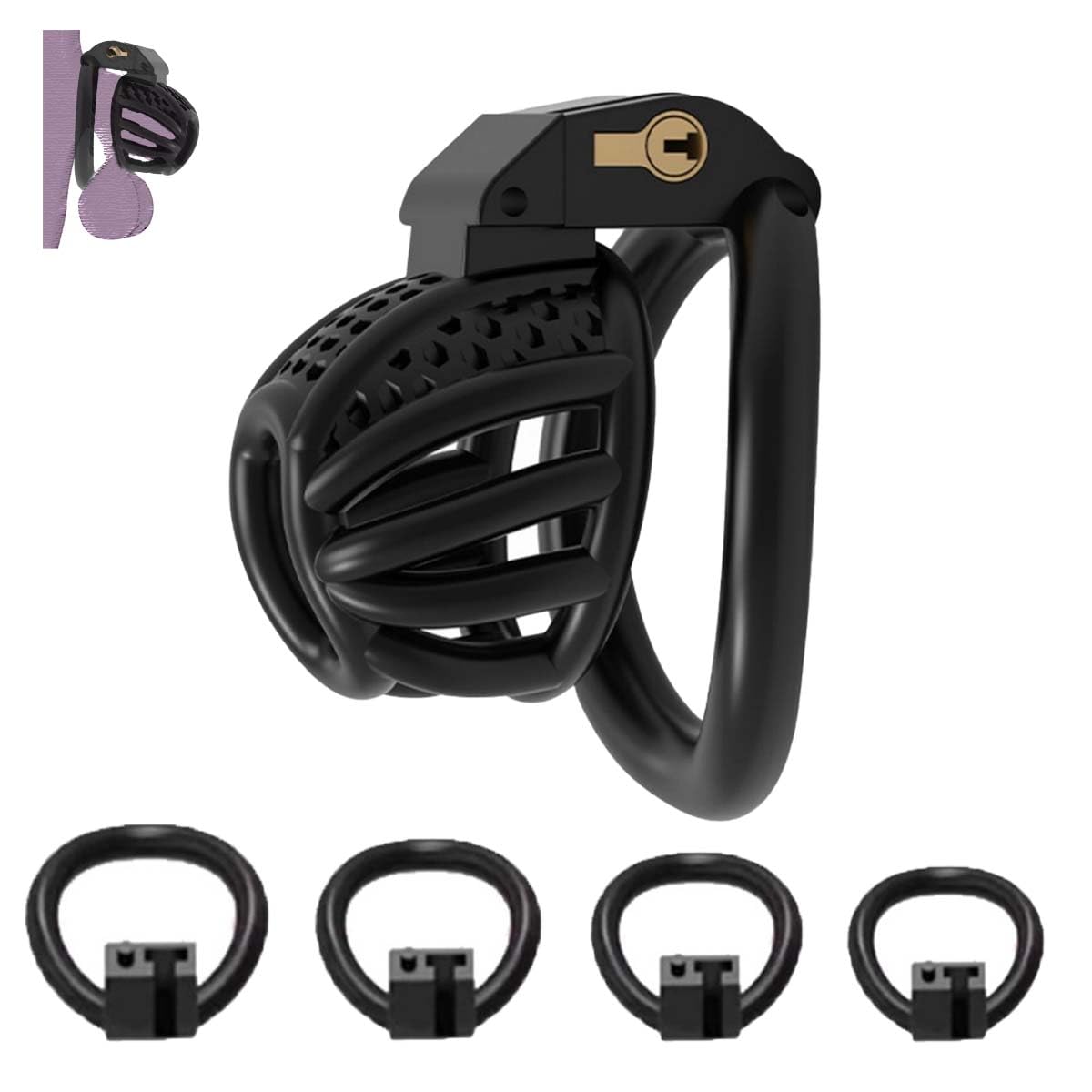 Mens Black Lightweight Honeycomb Protective Cage, Male Mini Portable Special Cage For Fitness With 4 Sizes Rings -(S)